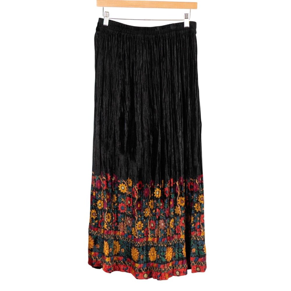 Boho Velvet Maxi Skirt Floral VTG 90s Crinkle Hippie Indie Festival Colorful